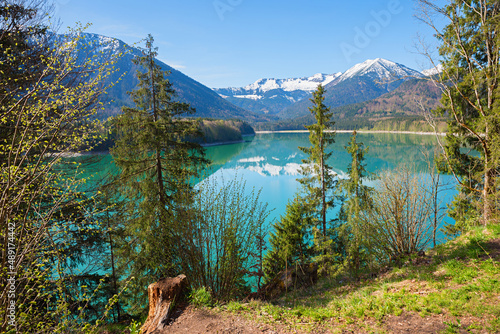 beautiful turquoise accumulation lake Sylvenstein, trees at the shore, upper bavaria photo