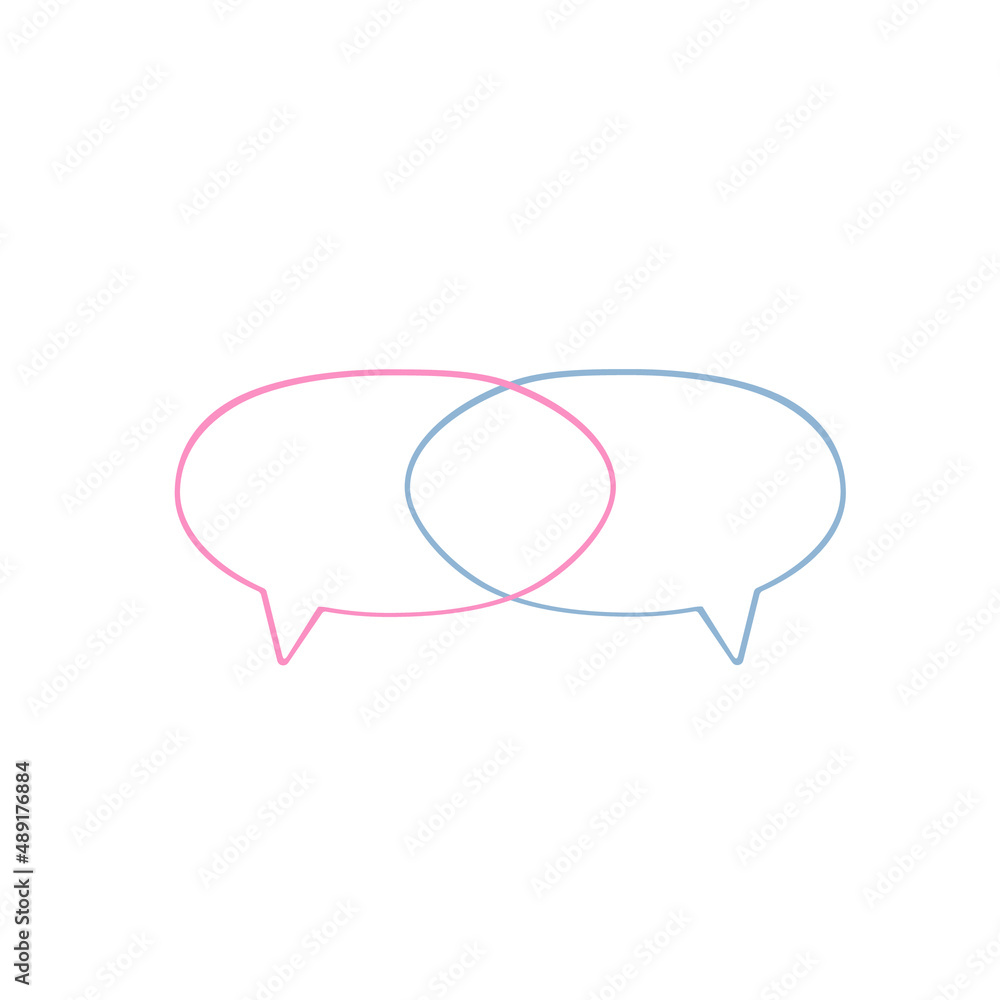 Two speech bubbles. Pink and blue. Dialogue between a man and a woman. Gender equality. Two speech bubbles. Pink and blue. Dialogue between a man and a woman. Gender equality.
