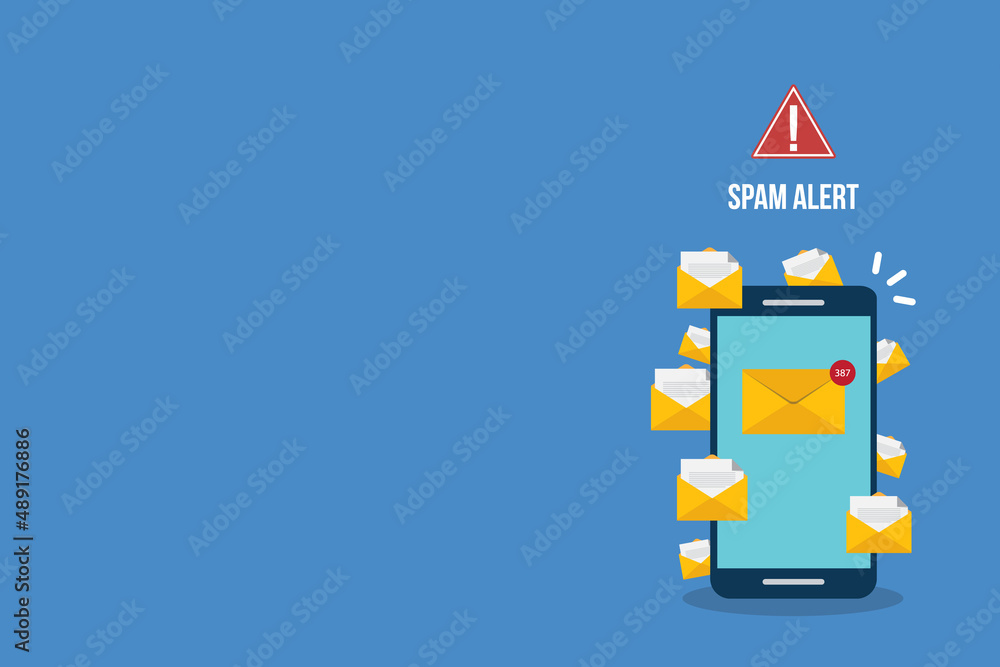 Fototapeta premium Spamming concept, a lot of emails on the screen of a smart phone. Email box hacking, spam warning.