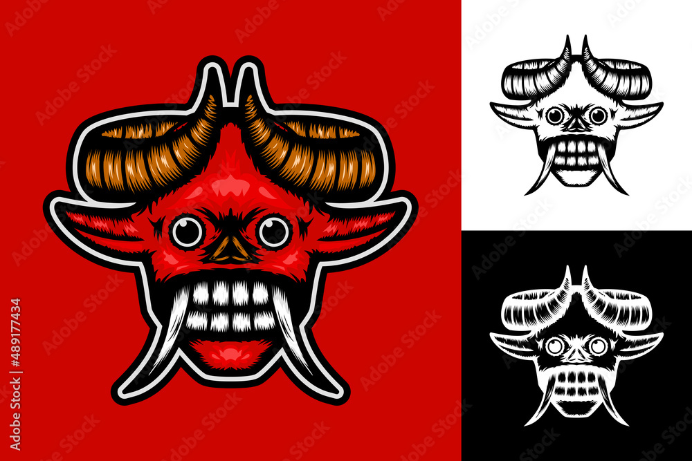 Fototapeta premium illustration of a red demon head with two horns and fangs. suitable for mascot, logo, symbol and t-shirt design