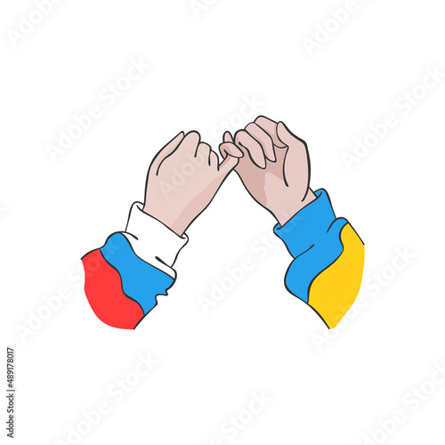 Two hands. Striped sweaters. Touch. Cartoon art. Isolated vector object on white background. 
