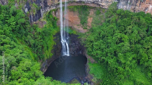 Chamarel Falls on the island of Mauritius, drone video of the waterfall surrounded by jungle