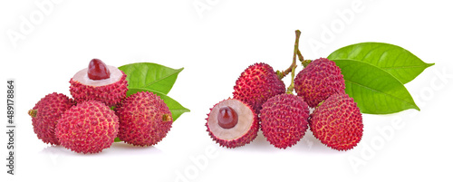 Fresh lychee with leaves isolated on a white background.