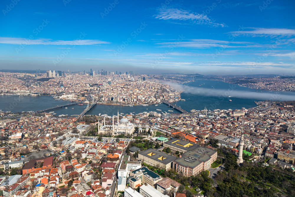 Wide angle aerial view of Istanbul Cityscape - Shot from European side of Istanbul from a Helicopter Sightseeing Tour