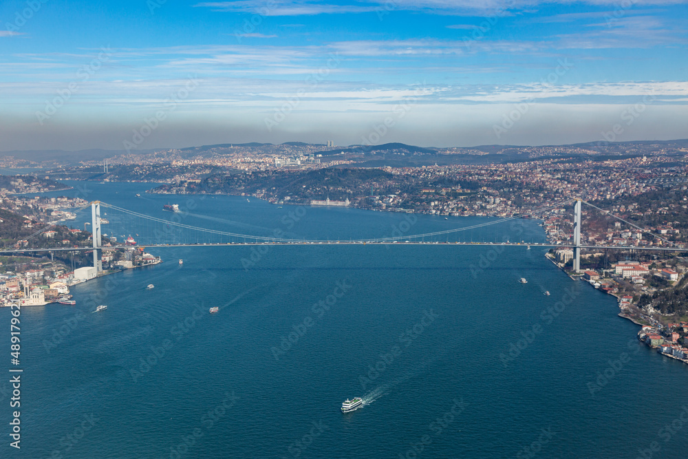 Wide angle aerial view of Istanbul Bosphorus Bridge - Shot from a Helicopter Sightseeing Tour