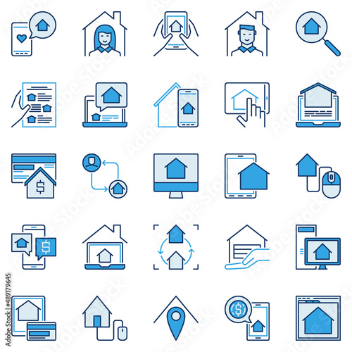 Online Real Estate Agency colored icons - Buy, sell, rent house signs