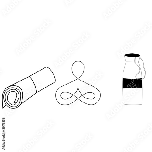 yoga sports mat, reusable water bottle and zen sign