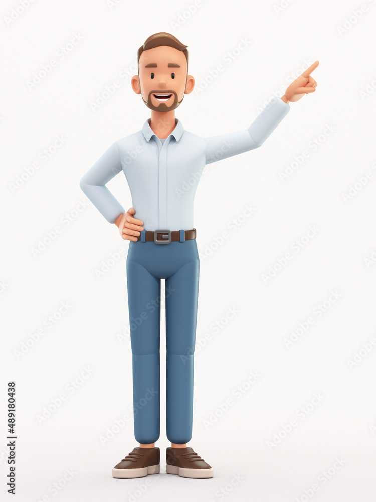 Standing smiling man pointing finger at direction. Cartoon happy businessman isolated on white background, 3d rendering Standing smiling man pointing finger at direction. Cartoon happy businessman isolated on white background, 3d rendering