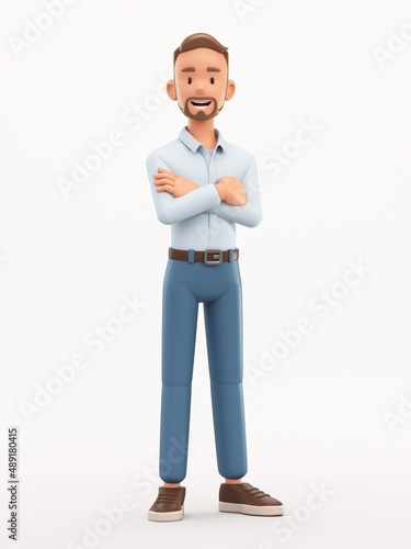 Standing smiling man with arms crossed. Cartoon happy businessman isolated on white background, 3d rendering