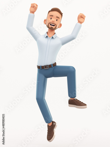 Smiling man happy jumping. Cartoon happy businessman isolated on white background, 3d rendering