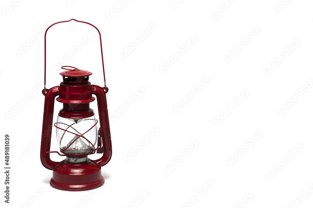 Closeup red camping led lamp white background