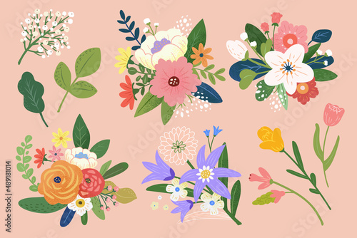 Spring floral bouquet element set
