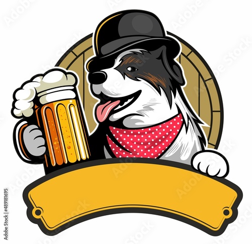 Cartoon style funny dog with the bowler hat, holding the beer mug, with the wooden beer barrel on background, cartoon style vector beer logo.