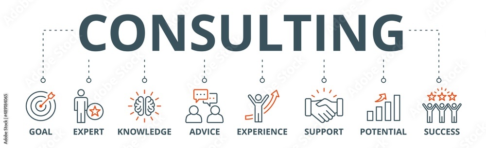 Consulting banner web icon vector illustration concept for business consultation with an icon of goals, expert, knowledge, advice, experience, support, potential, and success - obrazy, fototapety, plakaty 