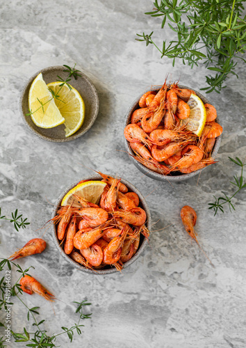 Wallpaper Mural Red cooked prawn or shrimp with lemon on a gray background. Top view Torontodigital.ca