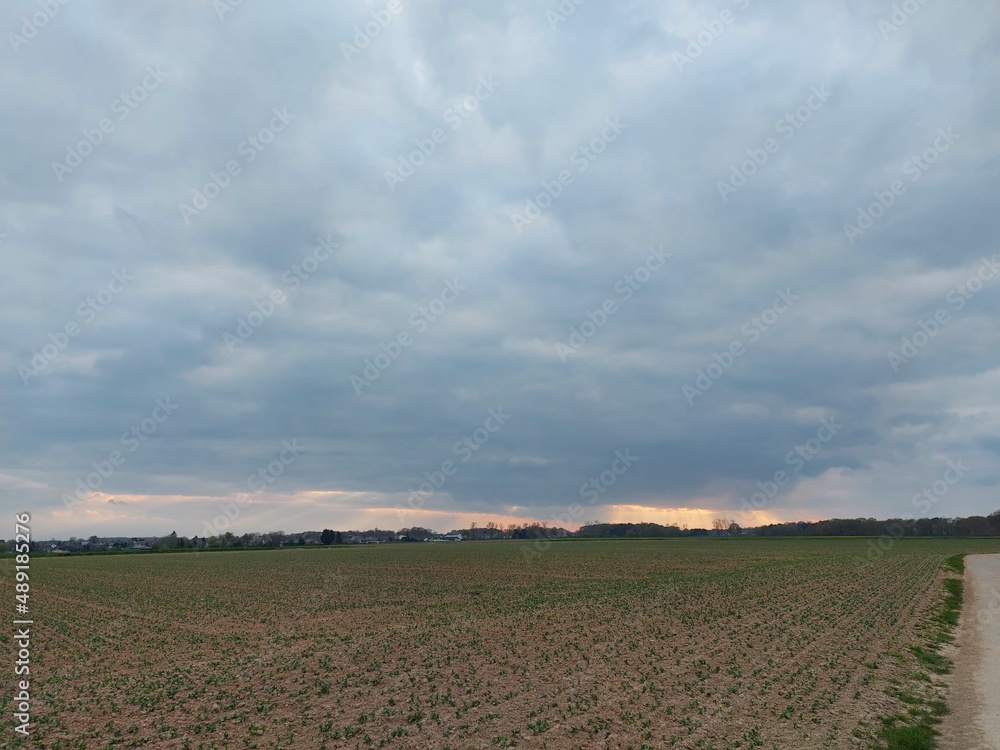 Sonnenuntergang, gefolgt von bunten Wolken. Der Himmel über den schlafenden Feldern und Bäumen. Die Natur malt den Himmel und löscht ihn aus. Romantische Szenen für Hintergründe. Dämmerung in Rottönen