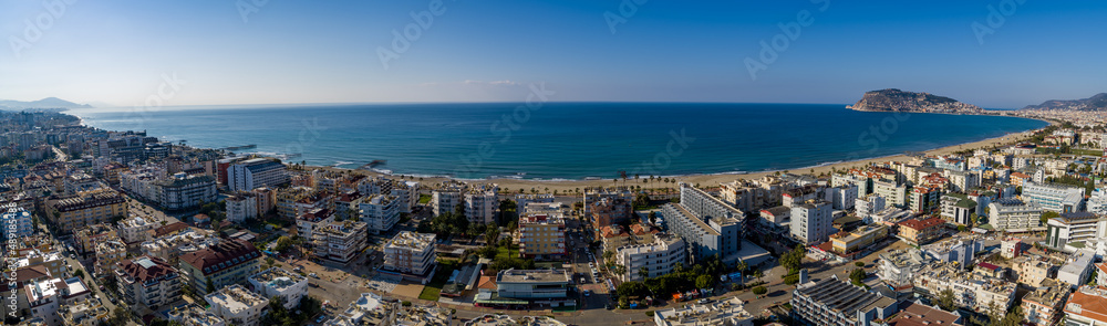 Aerial Panoramic City view of Alanya - Alanya Castle & Oba Beach Coast, endless Mediterranean Sea
