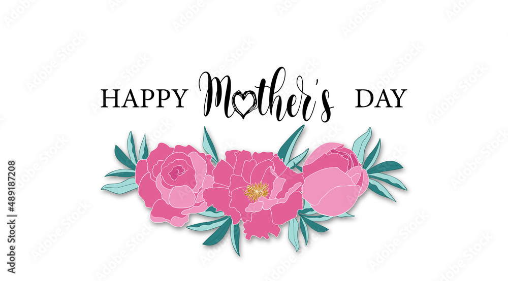Happy Mother's day text with realistic hand drawn peonies flower bouquet with shadow on white background. Elegant 3d poster. Vector illustration for banner, cover, sale.