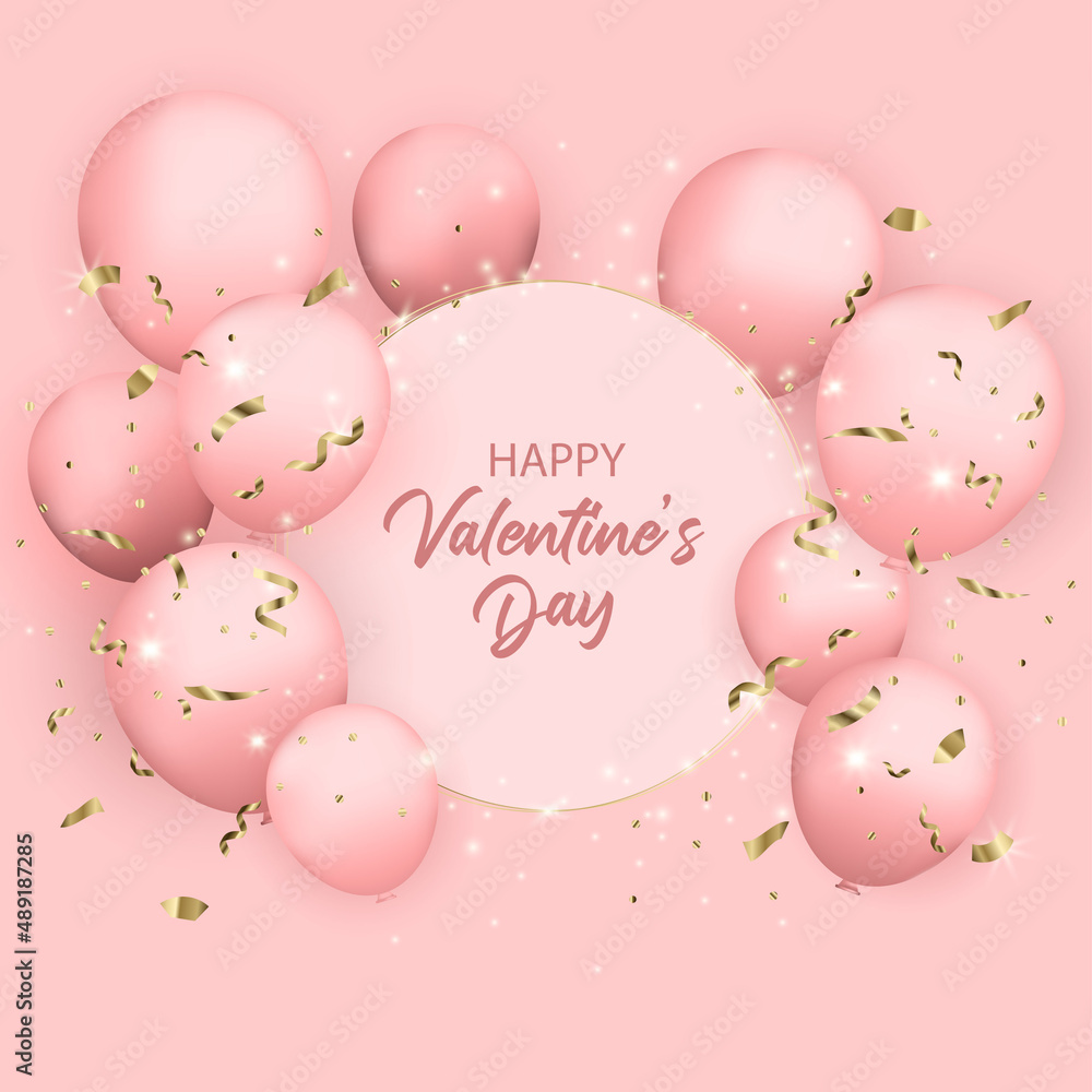 Happy Valentine's day with realistic balloons, serpentine, confetti and glitter. Luxury elegant design. Celebration card. Vector illustration. Happy Valentine's day with realistic balloons, serpentine, confetti and glitter. Luxury elegant design. Celebration card. Vector illustration.