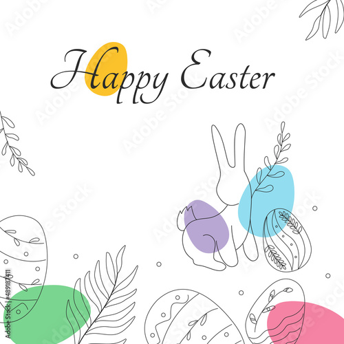 Greeting banner with a rabbit and Easter eggs in doodle style. Happy Easter. Vector illustration for postcard, decor, holiday © Ольга Копылова