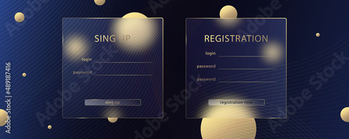 Glass morphism effect. Transparent frosted acrylic card. Subscription log in form. Color gradient circles on black blue background. Realistic glassmorphism matte plexiglass shape. Vector