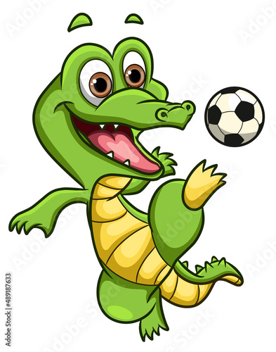 The happy crocodile is playing the soccer and kick the ball