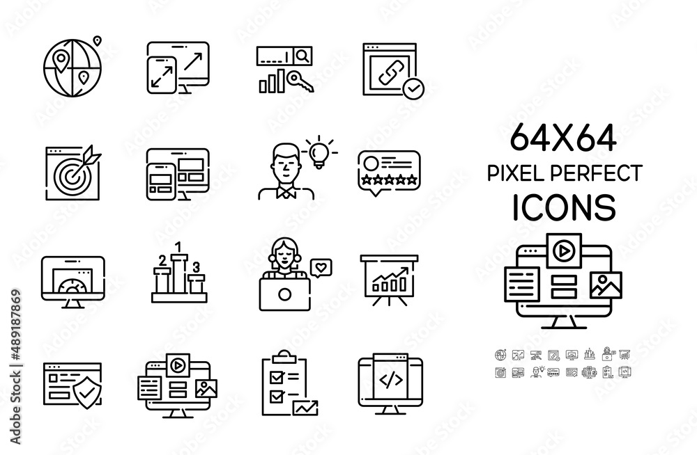 SEO and marketing strategies and tools. 64x64 Pixel perfect, editable stroke icons set