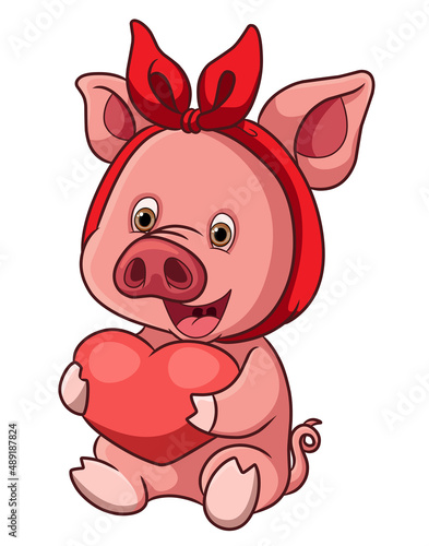 The happy pig with the red ribbon holding the love