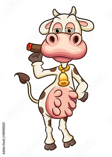 The cool cow is standing and smoking a big cigarette