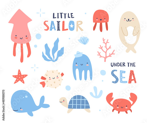 Cute baby sea animals collection. Happy marine set for kids. Underwater bundle.