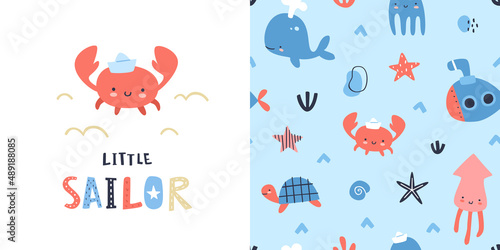 Cute sea life baby pattern with print collection. Marine apparel design adorable set.