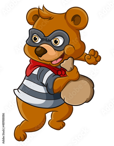 The thief bear is taking sack away and steal it