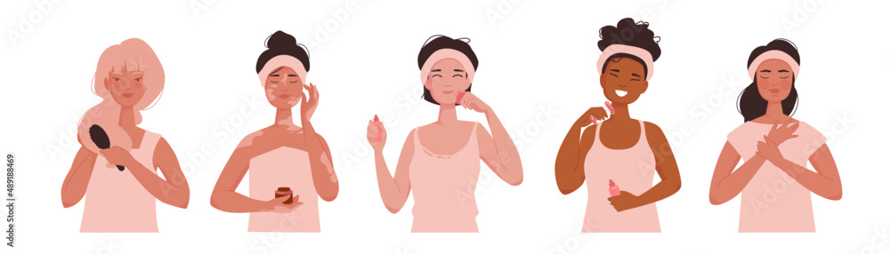 Pretty girls use cosmetic products. Multi ethnic women apply cosmetic cream, mask and lotion for skincare routine and facial massage. Flat vector illustration set isolated on white background. Pretty girls use cosmetic products. Multi ethnic women apply cosmetic cream, mask and lotion for skincare routine and facial massage. Flat vector illustration set isolated on white background.