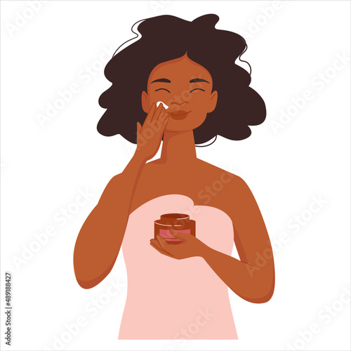 Cute African American girl puts face cream for healthy glow skin. Beauty treatment. vector illustration isolated on white background. 