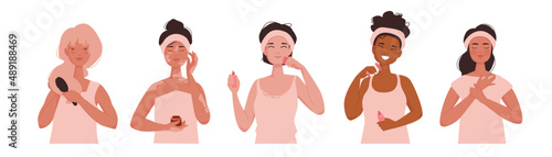 Pretty girls use cosmetic products. Multi ethnic women apply cosmetic cream, mask and lotion for skincare routine and facial massage. Flat vector illustration set isolated on white background.