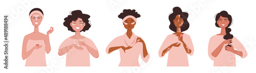 Pretty girls use cosmetic products for facial treatment. Multi ethnic women apply cosmetic cream, mask and lotion for skincare routine. Flat vector illustration set isolated on white background. 