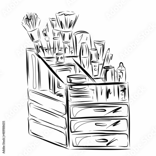 Organizer, container with cosmetics, makeup brushes, creams, lipstick. Organization of cosmetics storage in beauty salons and at home in a chest of drawers. Isolated vector objects.