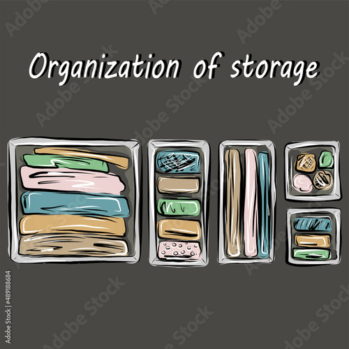 Organization of space, basic wardrobe. Before and after. Organizers for storing things. Clutter, order. Minimalism. Comfort, furniture. Isolated vector objects.