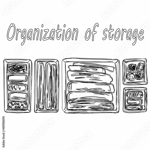 Organization of space, basic wardrobe. Before and after. Organizers for storing things. Clutter, order. Minimalism. Comfort, furniture. Isolated vector objects.
