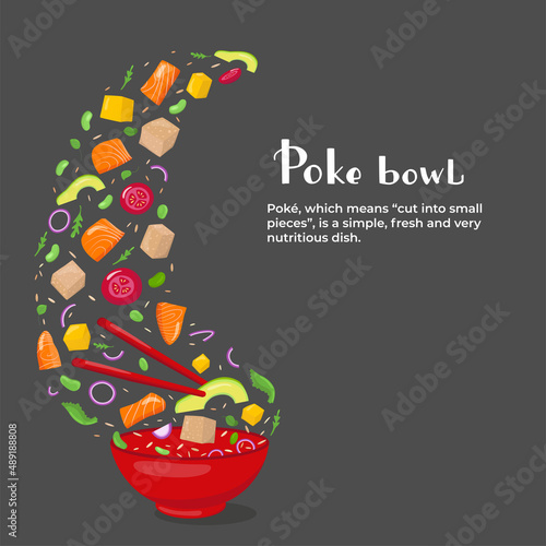 Flying poke bowl ingredients with hand written lettering and text. Healthy food concept. Vector stock illustration for banner, menu fast food restaurant, isolated on chalkboard background. 
