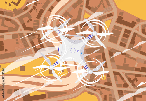 vector illustration of an unmanned aerial vehicle with propellers flying in the air over the landscape of the earth, flying over a residential area, top view