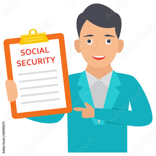 Business man holding Social Security Board Concept, Vector Icon Design, Economic Assistance Symbol, Unemployment Benefits Sign, Unconditional Income stock illustration