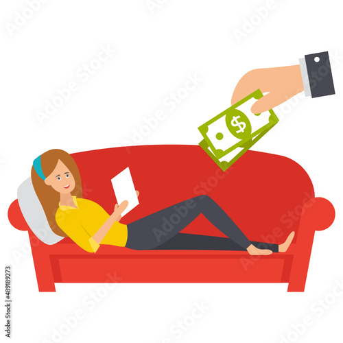 obtaining a universal basic income Concept, Girl lying down on sofa and reading Vector Icon Design, Economic Assistance Symbol, Unemployment Benefits Sign, Unconditional Income stock illustration