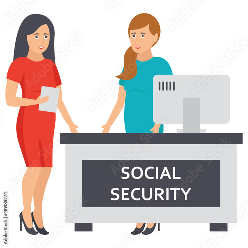 Retired Lady visiting Social Security Office Concept,  walk-in visitor Vector Icon Design, Economic Assistance Symbol, Unemployment Benefits Sign, Unconditional Income stock illustration