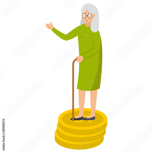 Old Age Pension Concept, senior citizen holding stick and standing on coin stack Vector Icon Design, Economic Assistance Symbol, Unemployment Benefits Sign, Unconditional Income stock illustration