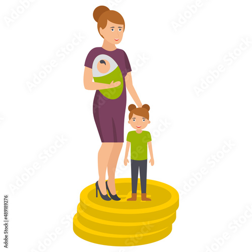 Maternity Care Concept, Single Mom Standing on Coin Stack Vector Icon Design, Economic Assistance Symbol, Unemployment Benefits Sign, Unconditional Income stock illustration