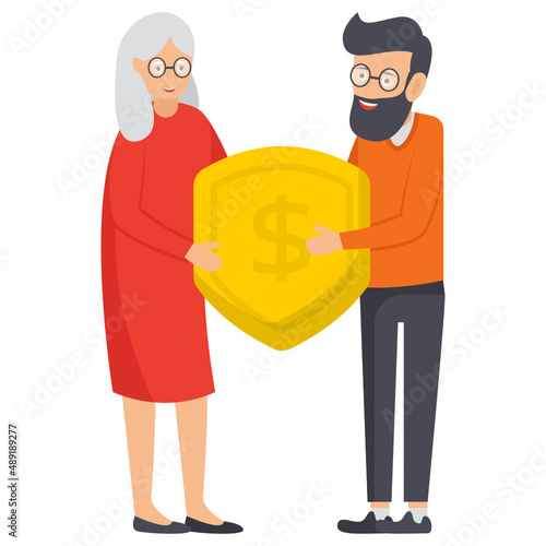 grandparents and protection shield Concept, Elderly retired couple Vector Icon Design, Economic Assistance Symbol, Unemployment Benefits Sign, Unconditional Income stock illustration