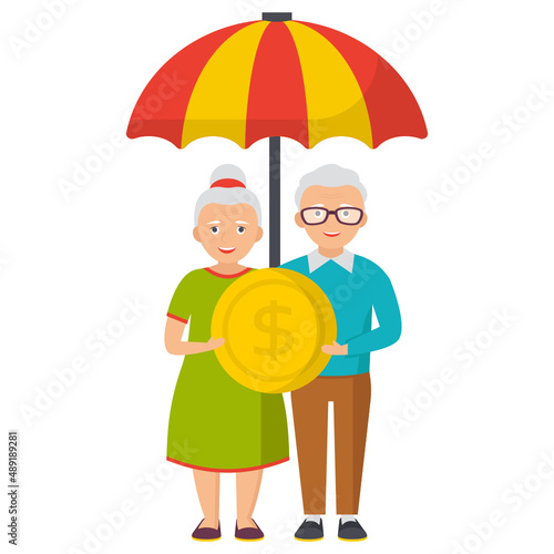 aged couple under umbrella and holding coin Concept, senior citizens protection plan Vector Icon Design, Economic Assistance Symbol, Unemployment Benefits Sign, Unconditional Income stock illustration