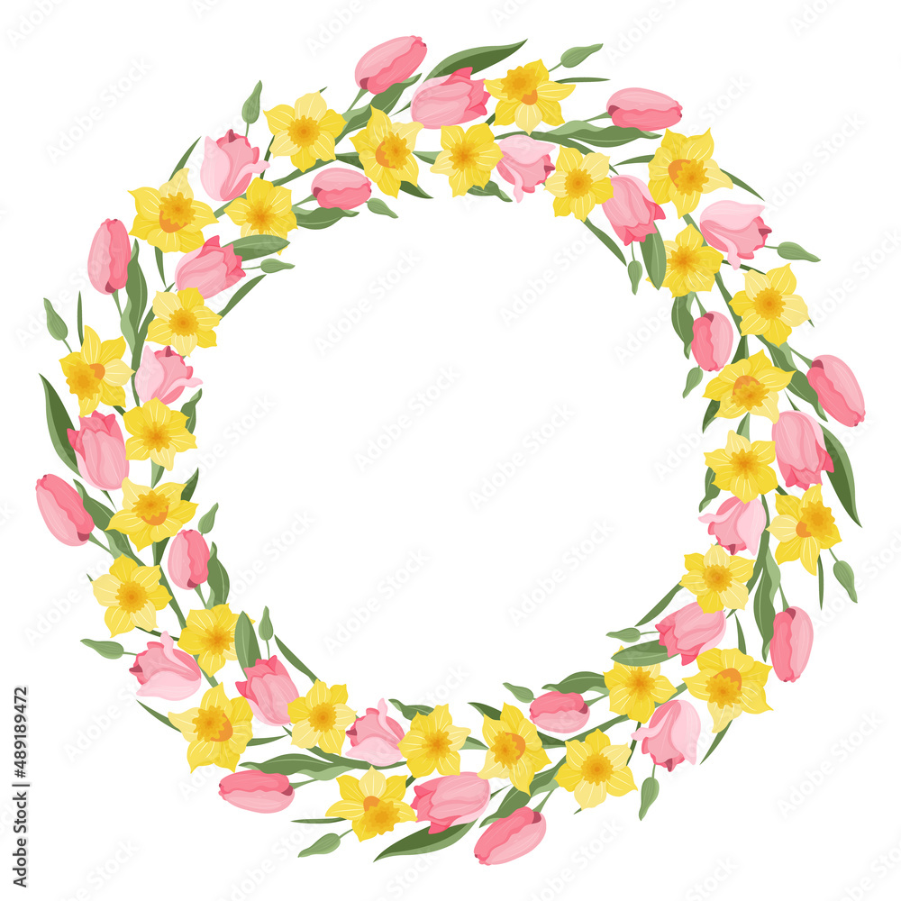 Obraz premium A wreath of tulips and daffodils. Spring. Easter. . Suitable for postcards and invitations. Vector