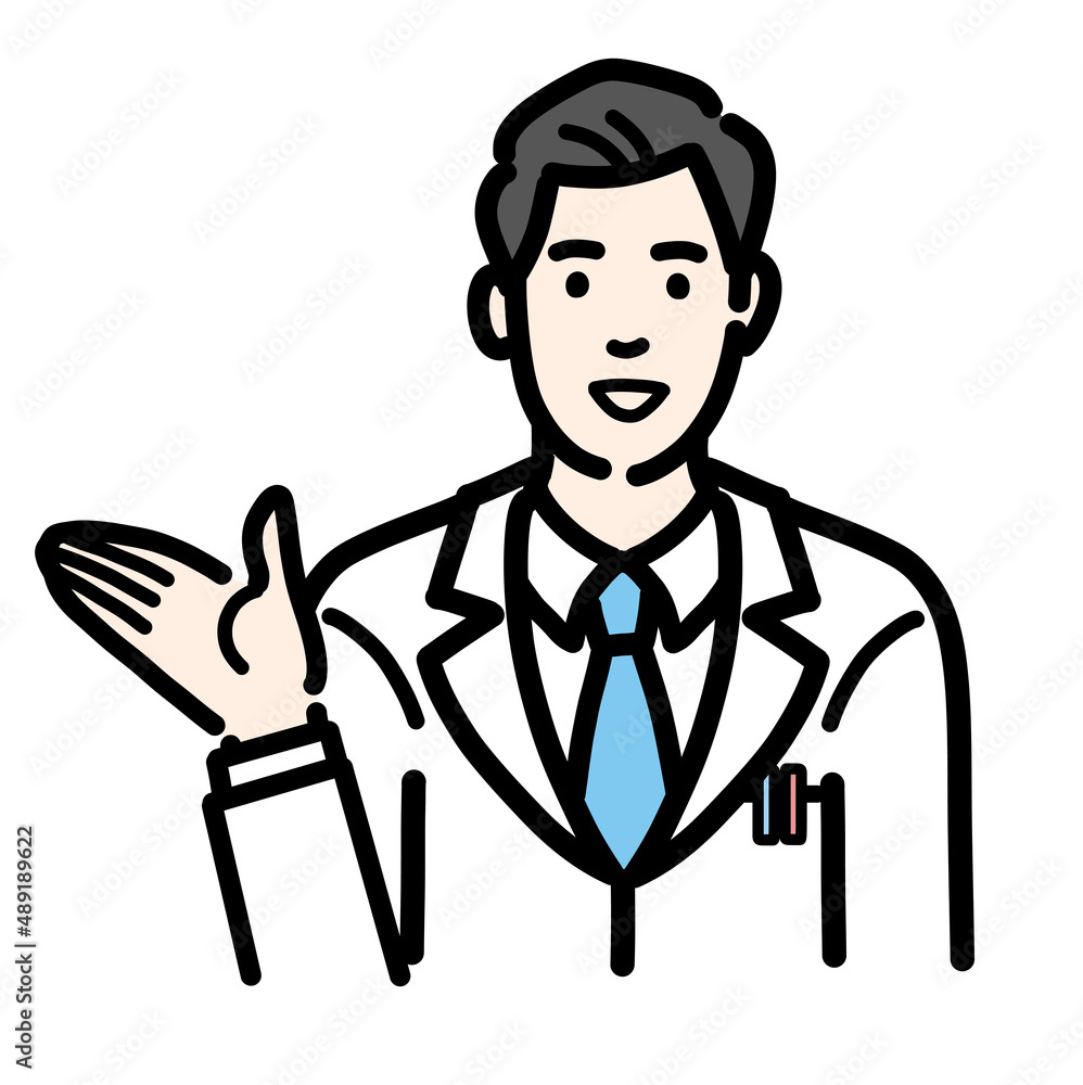 笑顔で提案をしている白衣を着た若い男性医師
笑顔で提案をしている白衣を着た若い男性医師